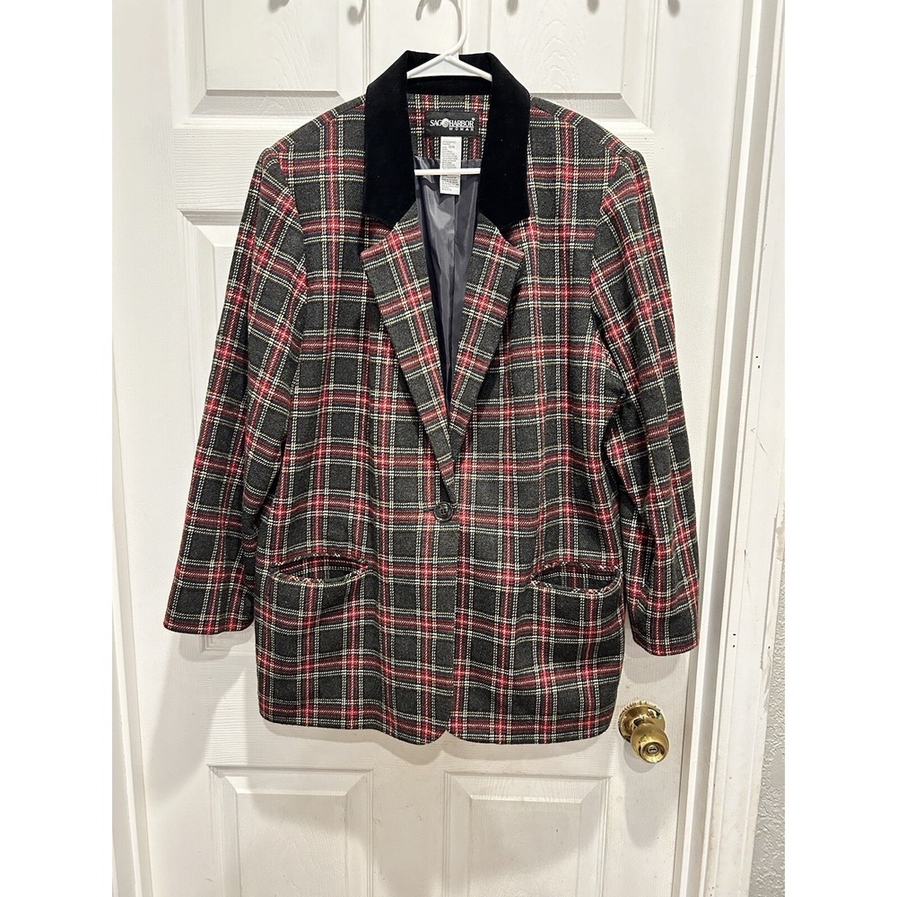 Sag Harbor Woman Vintage Plaid Wool Blend‎ Blazer Velvet 18W Holiday Academia